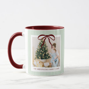 Taza Clásico Rayas Verdes Lazo Rojo Navidad