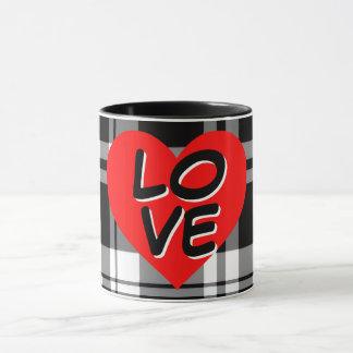 Taza Classic Black White tartan plaid red heart detail