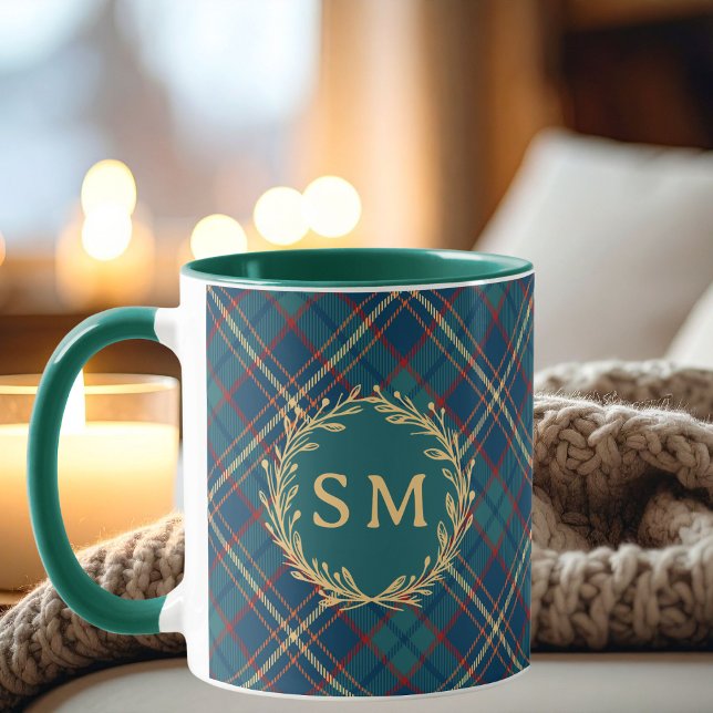 Taza Classic Monogram Gold Wreath Green Tartan Plaid (Subido por el creador)