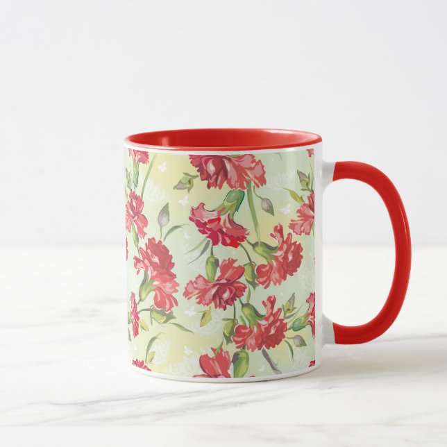 Taza Claveles rojos en verde con las mariposas (Derecha)