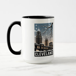 Taza Cleveland Ohio Skyline Winter Woodcut Black&White