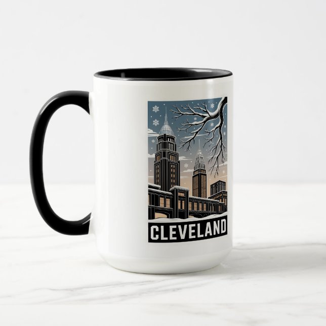 Taza Cleveland Ohio Skyline Winter Woodcut Black&White (Izquierda)