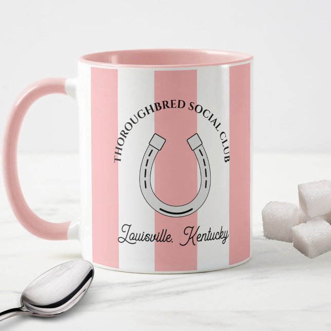 Taza Club Social Artes Rosadas Horseshoe (Thoroughbred Horse Racing Social Club Custom Mug in Pink Cabana Stripes)