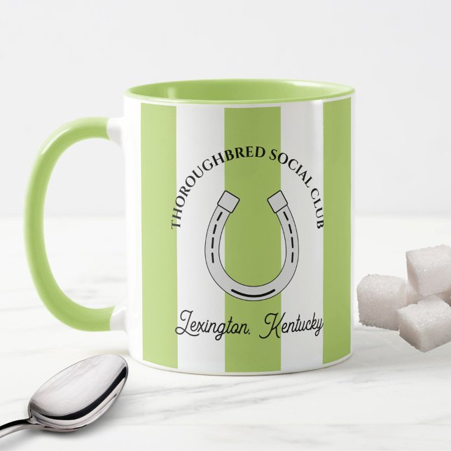 Taza Club Social Artes Verdes Horseshoe (Thoroughbred Horse Racing Social Club Custom Mug in Green Cabana Stripes)