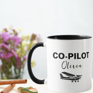 Taza CO-PILOTO Moderno Texto y Avión, Regalo Personaliz