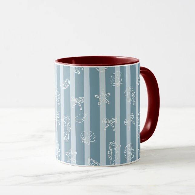 Taza Coastal Nautical Pattern | Blue Sea Shell & Seahor (Anverso derecho)