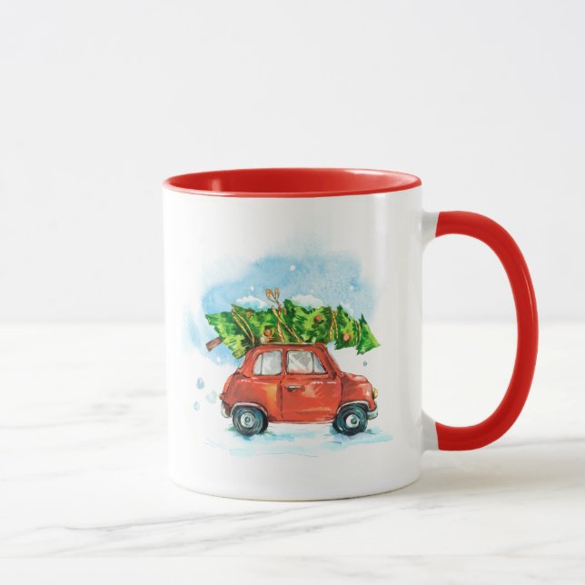 Taza Coche acuarela con árbol de Navidad en la parte su (Derecha)
