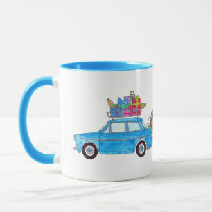 Taza Coche azul con Navidades y acuarela