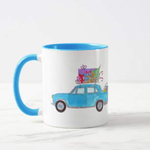 Taza Coche azul con Navidades y acuarela