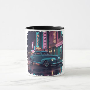 Taza Coche Clásico de los Años 40 bajo Luces de Neón