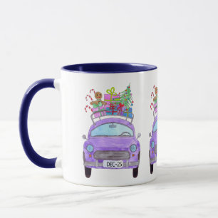 Taza Coche púrpura con Navidades Regalos acuarela