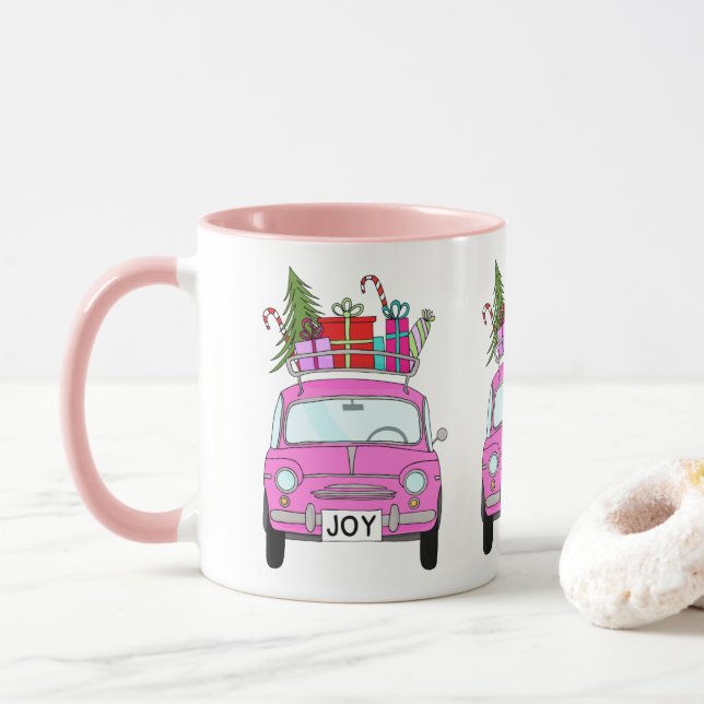 Taza Coche rosa con regalos de Navidades (Con donut)
