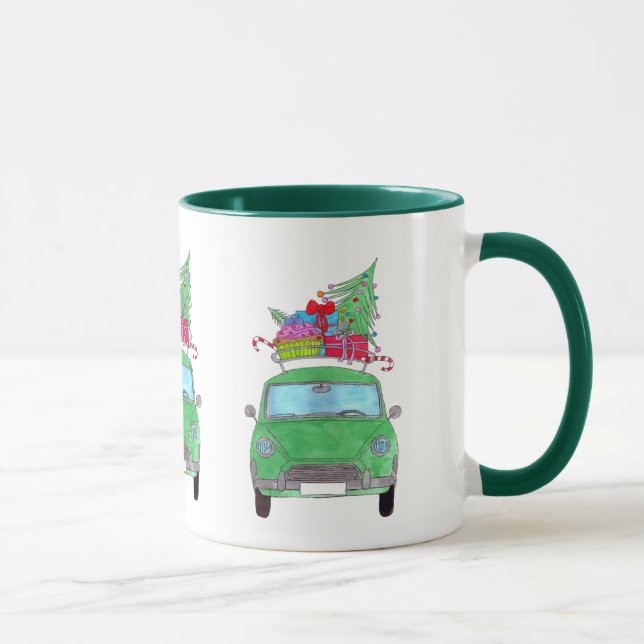 Taza Coche verde con acuarela de regalos para Navidades (Derecha)