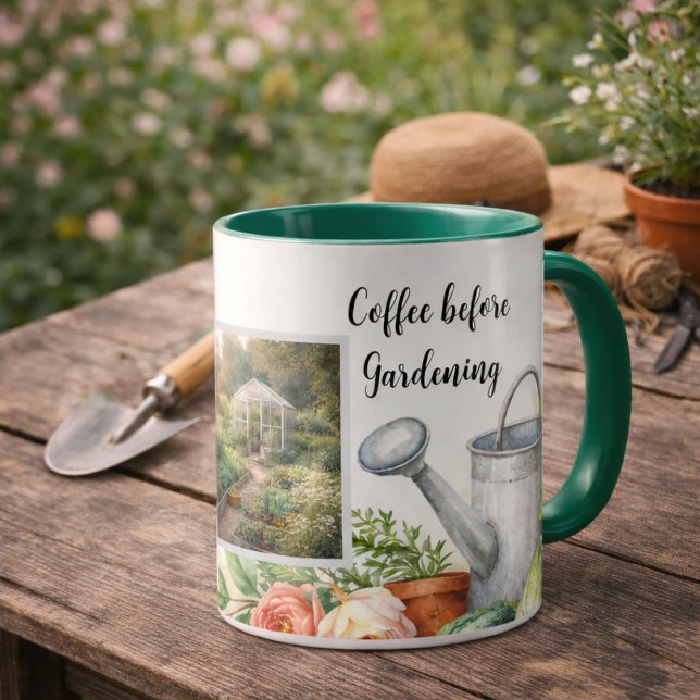 Taza Coffee before gardening photo personal garden (Create your own "Coffee before gardening" photo personal garden mug. You can add your own photos.)