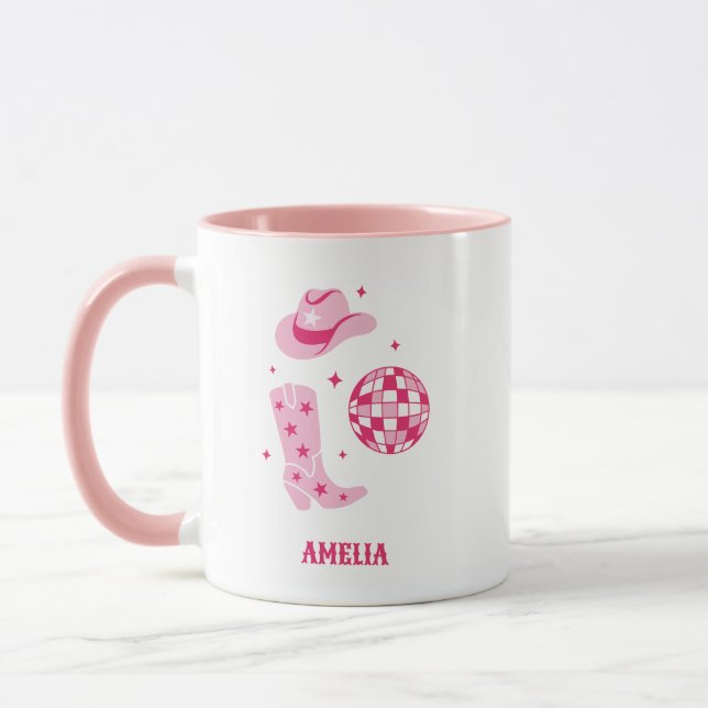Taza Coffee Mug Disco Cowgirl personalizado rosado (Izquierda)