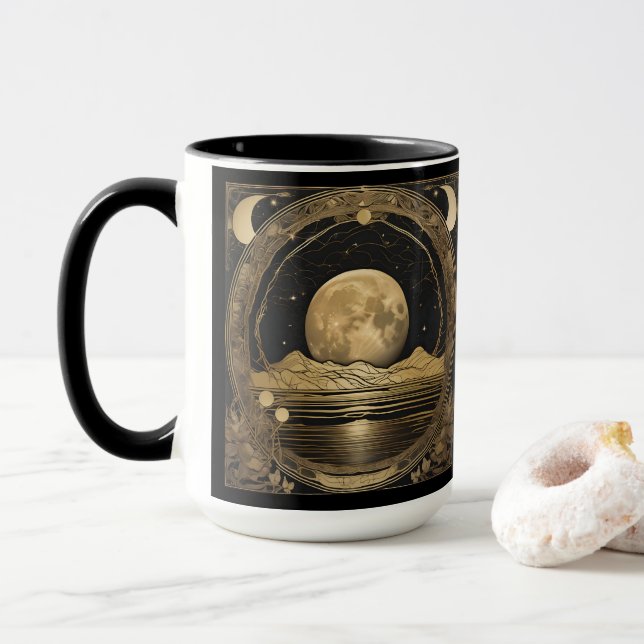 Taza Coffee Mug - Luna de Oro sobre agua pacífica (Con donut)