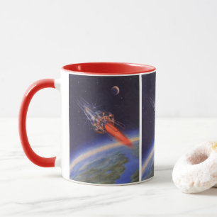 Taza Cohete de ciencia ficción vintage en el espacio so