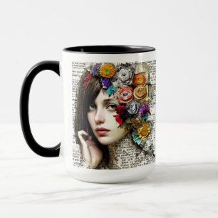 Taza Collage Art   Chica Bonito con flores en el pelo