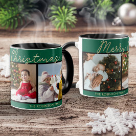 Taza Collage de 3 Fotos Navideñas Festivas de Verde Fel
