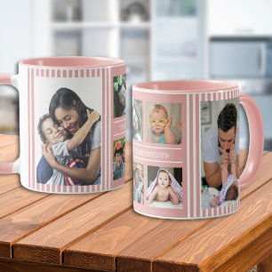 Taza Collage de 6 fotos moderno con apellido y rayas ro