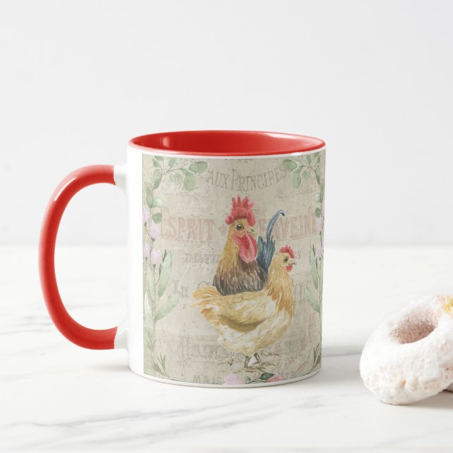 Taza Collage de cosecha - gallos y flores (Con donut)