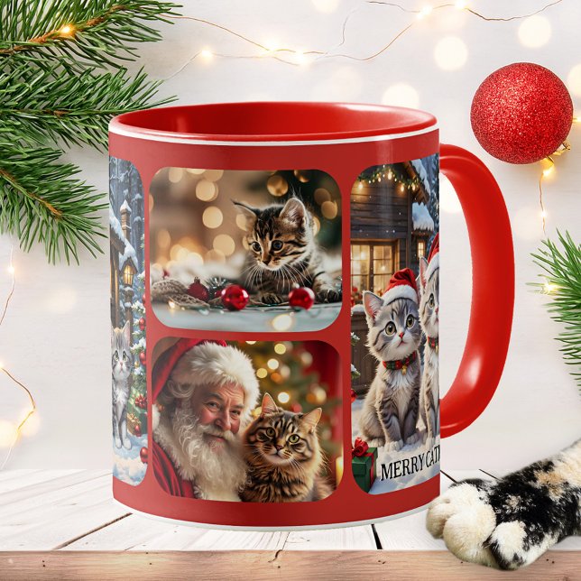 Taza Collage de Fotos de Catmas Navideño (Mug featuring a collage of cats in a festive Christmas scene. Great as a gift for a crazy cat lady!)