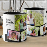 Taza Collage de fotos familiar - 5 fotos y texto Person<br><div class="desc">Personalice esta taza de café en blanco y negro con sus fotos favoritas. La plantilla de fotos está preparada para que puedas añadir hasta 5 de tus propias imágenes. La foto principal será usada como fondo y las 4 fotos restantes serán distribuidas en una tira de fotos zig-zag a lo...</div>