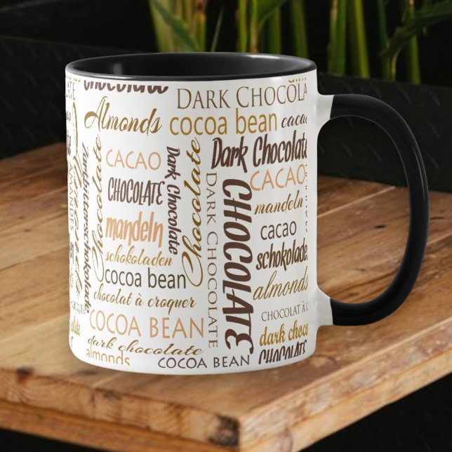 Taza Collage de tipografía multilingüe de Chocolate Lov (Choose combo mug handle and inside color)