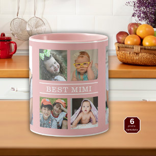 Taza Collage personalizado de 6 fotos de nietos en rosa