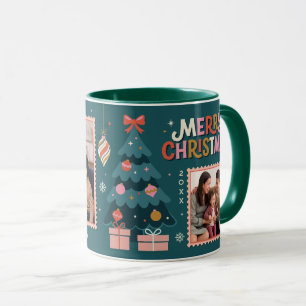 Taza Collage Retro de Sello Postal Feliz Navidad