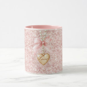 Taza Collar de Corazón de Amor con Lazo Rosa Brillante