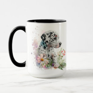 TAZA COLOR DE AGUA ADORABLE FLORES DE PERRO DALMATIANO
