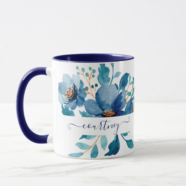 Taza Color de agua azul brillante floral personalizado (Izquierda)