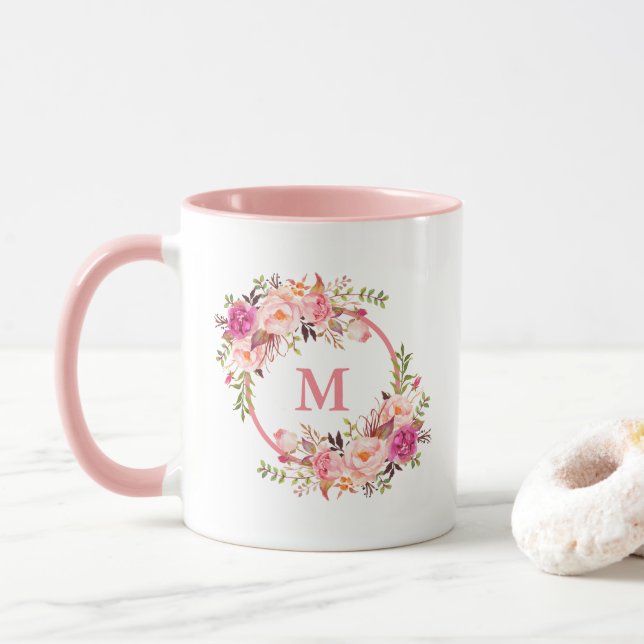 Taza Color de agua Floral Monograma rosa (Con donut)