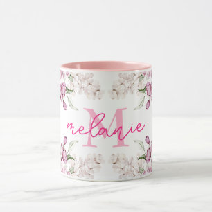 Taza Color de agua Peony Flor Rosa Peonés Nombre Monogr