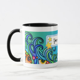 Taza Colores brillantes, olas - Doodles de pescado, per