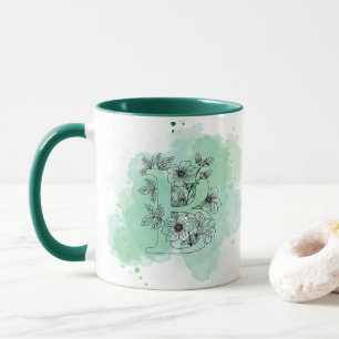 Taza Colores de agua iniciales B Monograma Verde Botáni