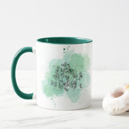 Taza Colores de agua M iniciales Monograma Verde Botáni