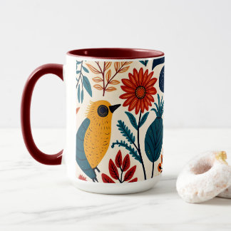 Taza Colorful Cottagecore Floral Bird Pattern
