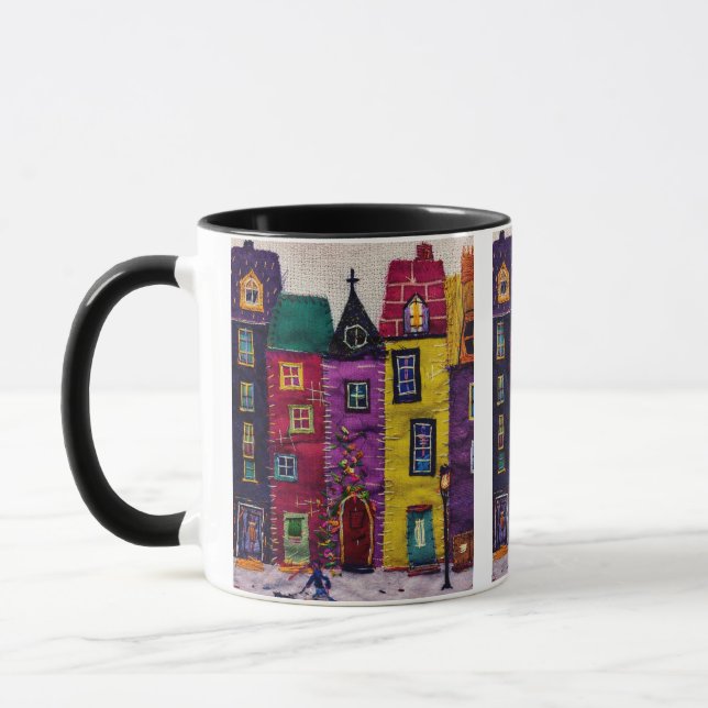 Taza Colorful Patchwork Houses Textile Art (Izquierda)