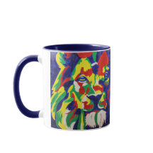 Taza colorida del león del arte pop