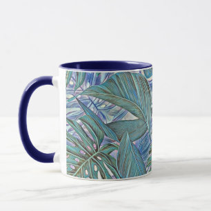 Taza Coloridas hojas tropicales azules de color verde a