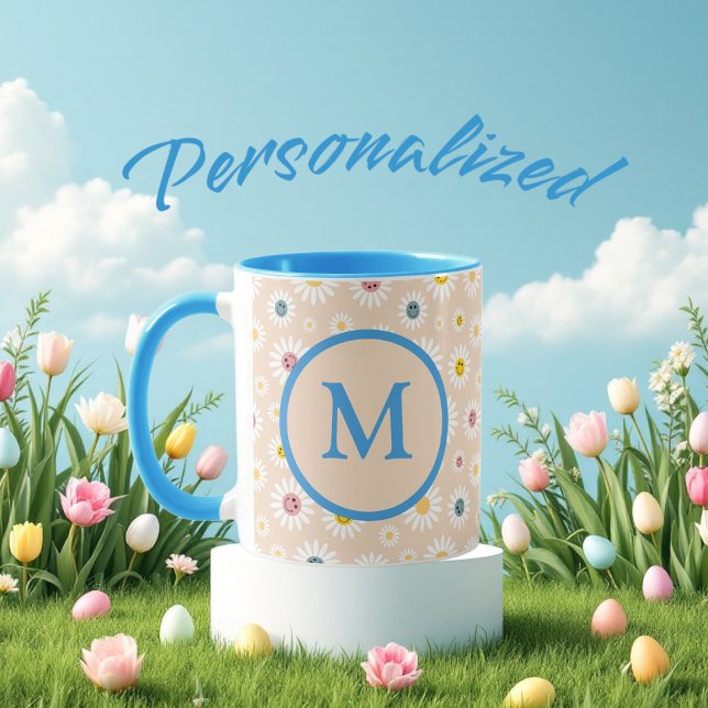 Taza Colorido Monograma Sonriente Daisy personalizado (Colourful Monogram Smiling Daisy personalised Mug)