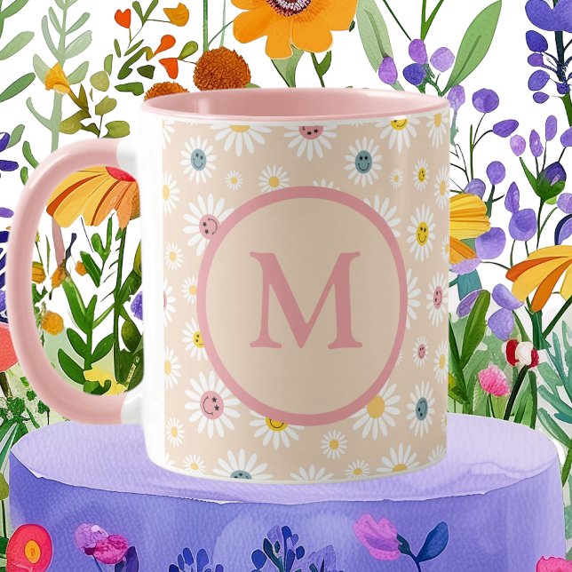 Taza Colorido Monograma Sonriente Daisy personalizado (Colourful Monogram Smiling Daisy personalised Mug)