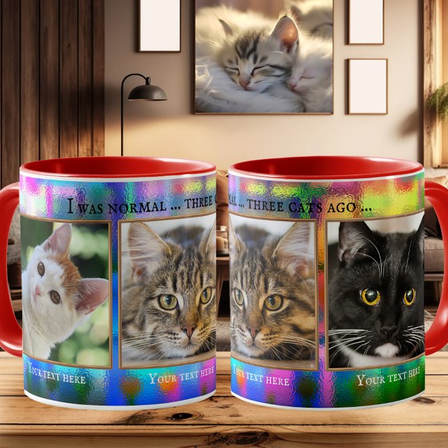 Taza Colorido Personalizado de gatos graciosos (photo mug featuring your own favorite (cat) photos framed by a colorful frosted glass design)