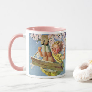 Taza Columpio Antiguo, Niña Columpiándose en un Juego d