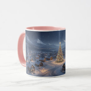 Taza combinada con asa rosa de pueblo navideño nev