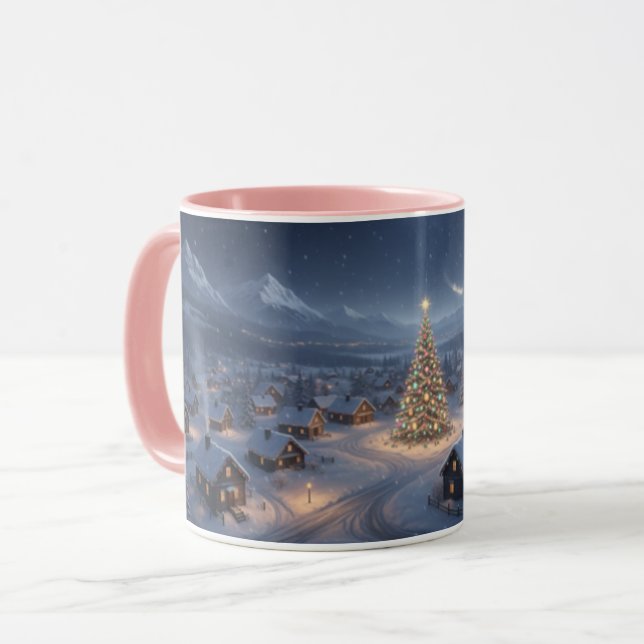 Taza combinada con asa rosa de pueblo navideño nev (Anverso izquierdo)