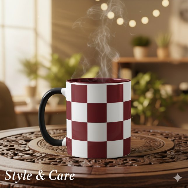 Taza combinada de 11 oz con patrón de cuadrado gra (White with Maroon Square Pattern 11 oz Combo Mug)