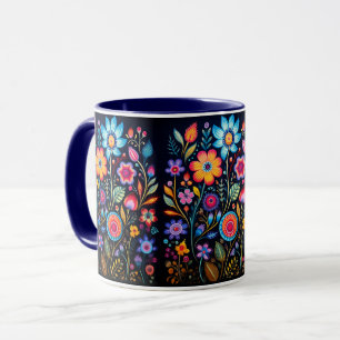 Taza combinada de cerámica negra con jardín floral